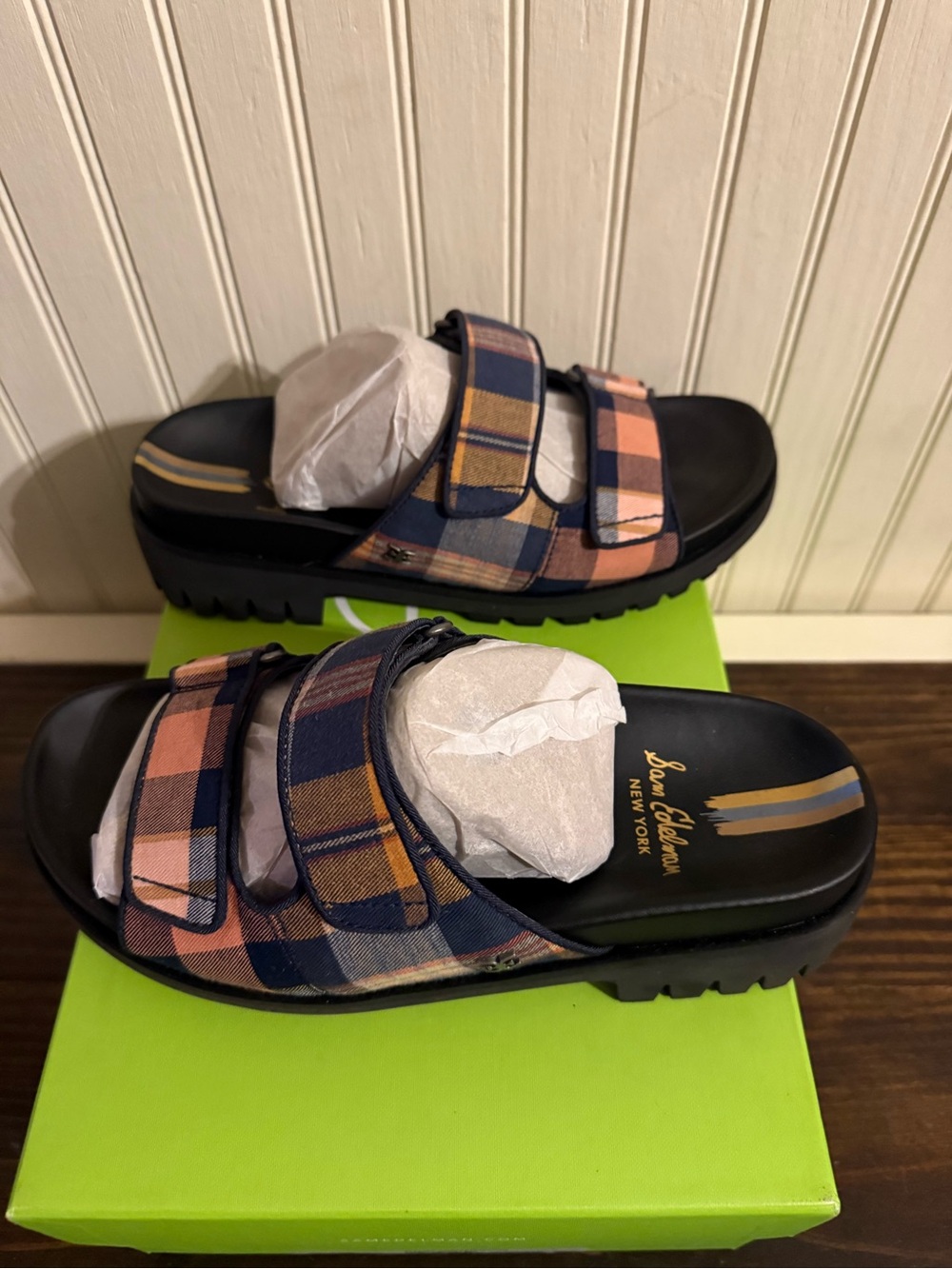 Sam Edelman Navy and Peach Plaid Dual-Strap Slide Sandals